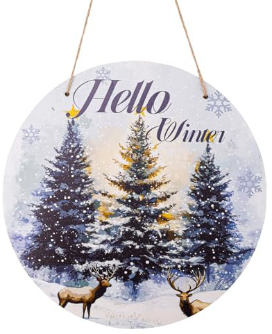 Hello Winter Schild mit Seil, Kiefer Elch Winter Holzschild Hello Winter Hängeschild Willkommensschild Saisonaler Holzkranz Winter Dekoration für Zuhause Haustür Bauernhaus