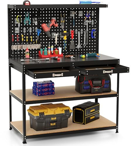COSTWAY 121x61x156cm Workbench with Pegboard, Metal Garage Work Bench with 2 Drawers & 24 Hanging Accessories, 435kg Capacity Heavy Duty Tool Storage Workstation for Workshop Warehouse (Black)