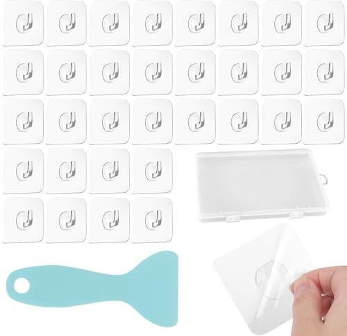 WOLMIK Magischer Haken - 30 Stück Transparente Haken, Klebehaken Transparent, Selbstklebende Klebehaken mit Schaber - für Küche, Bad, Toilette Türwand - 5 kg Max