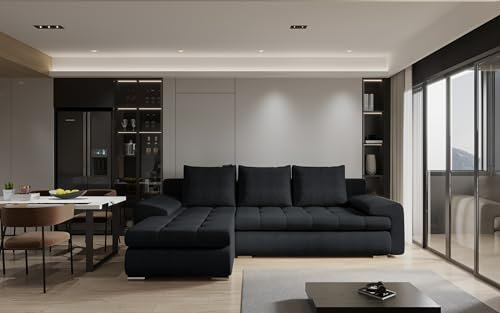 Kaiser Möbel - Ecksofa mit Schlaffunktion und Bettkasten - Tomi Couch für Wohnzimmer - Wohnlandschaft L Form - Boucle-Polsterstoff Abriamo - 150x237x85cm - LinksMarineblau