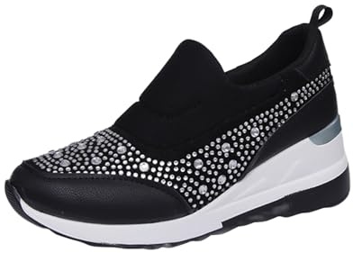 Sneaker da donna, scarpe da tempo libero estive con strass, glitter, plateau, con tacco a cuneo, scarpe sportive senza lacci, slip-on, facili da indossare, scarpe da passeggio leggere, in tela, Nero