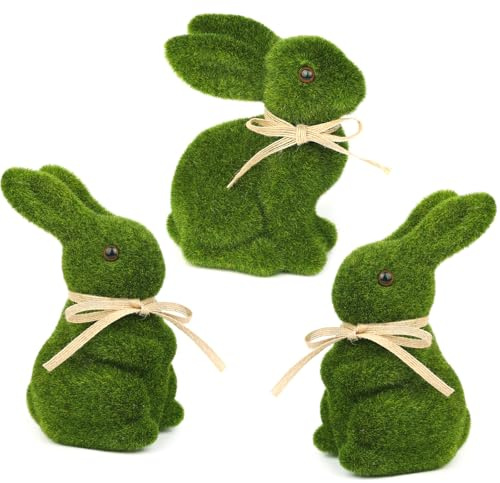 Larber 3Piezas Conejo de Musgo de Pascua Conejo Flocado Musgo Artificial Conejito Verde de Pascua Conejito Estatua del Flocado Jardín Decoración de Verde Césped