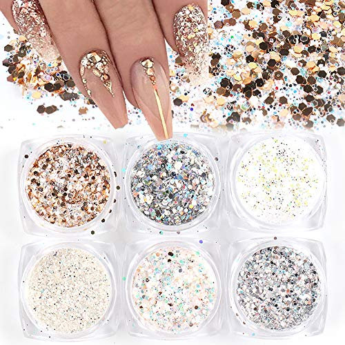 Holographic Nail Art Sequins Glitter Kits 6 Boxes 3D Nails Glitter Metallic Shining Flakes Acrylic Powder Dust Sequins for Nails Decoration Holographic Manicure Tips (Vintage Color)