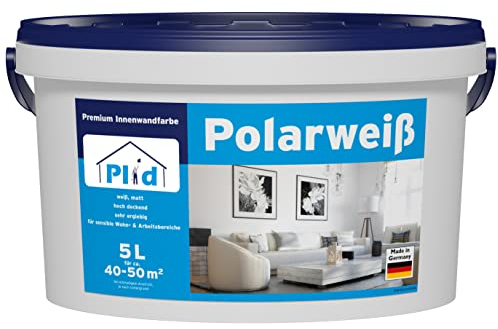 Plid® Polarweiß Wandfarbe Weiß matt 5L [HOHE DECKKRAFT] - Weiße Wandfarbe Polarweiß geruchsarm - Farbe Wand - Weisse Innenfarbe Wall Paint White - Innenfarbe ausbessern weiß - Made in Germany