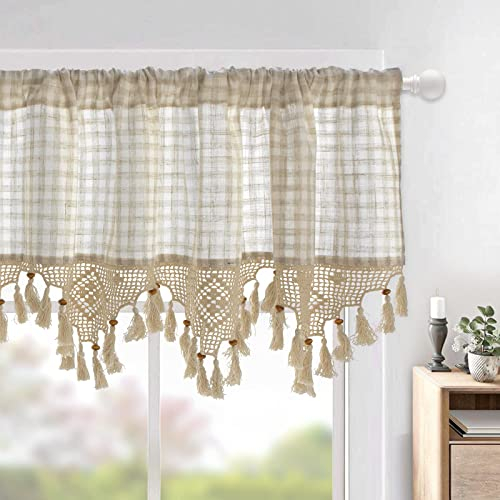 choicehot Karierte Scheibengardinen Landhausgardinen Kariert Gardinen Beige Bistrogardine Küchenvorhänge Kurzvorhang Kurz Kleine Fenster Landhausstil Vintage 1Stück 45x150cm