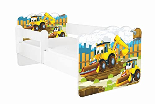 AS-TOR Kinderbett Jugendbett Alex 70x140cm mit Matratze und Abnehmbarem Geländer - Bett Schlafzimmer Kindermöbel Kinderbetten für Mädchen und Junge, Hochwertige Möbelplatte, Solide und Sicher, Bagger