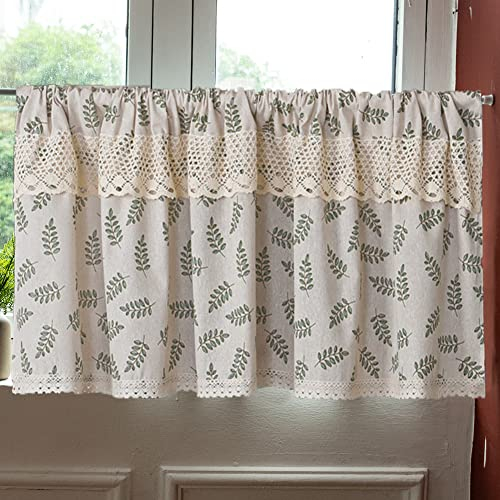 Michorinee Scheibengardine Bistrogardinen mit Schlaufen Kurzstore Küchengardine Leinenoptik Kurze Landhausstil Blatt Muster Gardinen mit Spitze für Küche Wohnzimmer B 150 × H 45 cm
