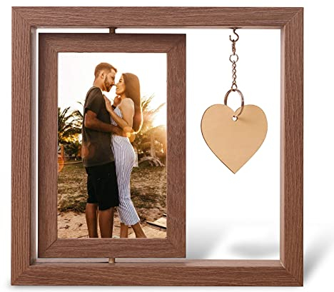 IGRARK Holz Bilderrahmen, Doppelseitigen Fotorahmen Drehen mit Herz Deko, Portraitrahmen Rahmen Frame für den Schreibtisch Familie Hochzeit Geschenke, Hält 2 Fotos 15x10cm (Braun)