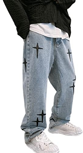 Awoyep Herren Baggy Jeans Hip Hop Jeans Teenager Junge Streetwear Skateboard Y2K Hose Vintage Bedruckte Jeans Skater Skateboard Hose (Color : Blue, Size : L)