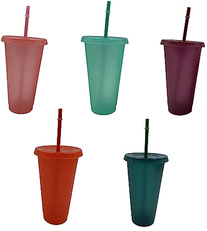 5 Piezas Vasos Plastico de Colores, Vasos para Fiestas, Vasos Plastico Duro Reutilizable con Tapa y Pajita, Inastillable para Fiesta, Parrilla, Cumpleaños, Viajes Familiares 710ml