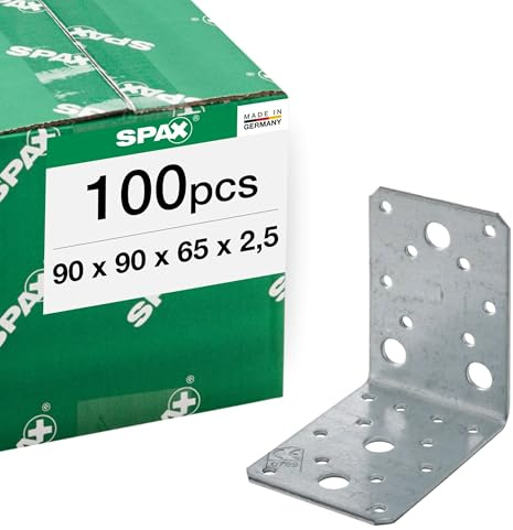 SPAX Winkelverbinder 90x90x65 mm, 2,5 mm dick, 100 St. - Holzbauverbinder | Robuste Holzverbinder aus Stahl, Kombilochung für Holz, Beton und Mauerwerk, 2,5 mm Blechstärke, Made in Germany
