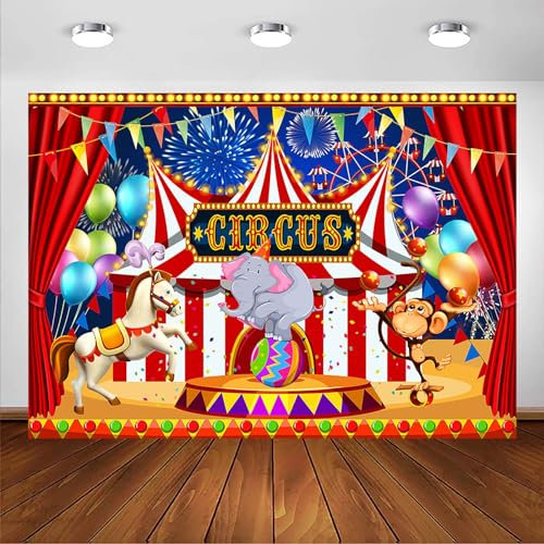 Avezano Toile de fond pour fête sur le thème de la tente de cirque rouge, carrousel, troupe de cirque, décoration de fête d'anniversaire, bannière d'accessoires photo (2,1 x 1,5 m)