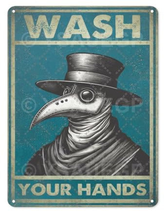 Blechschild Wash Your Hands im Retro-Stil – Plague Doctor Metall-Wanddekoration, Poster, Vintage-Blechschild für Zuhause, Bar, Garage, Garten, Terrasse, Veranda, Badezimmer, 20,3 x 30,5 cm