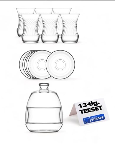 vienberg à thé Turc de 13 pièces en Verre de qualité supérieure 6 Verres à thé, 6 sous-Tasses, 1 Bol à Sucre Verres à thé turcs Passent au Lave-Vaisselle 100% sans plom