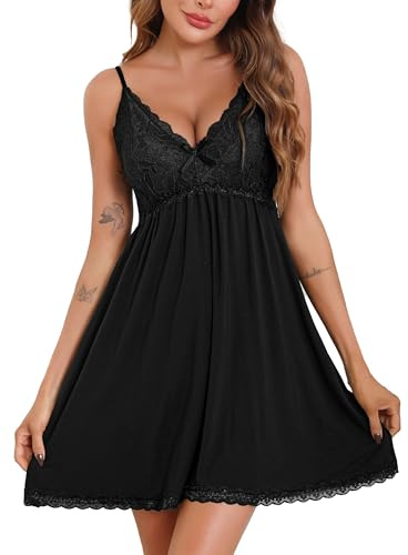 Sopesil Nighties for Women Sexy Ladies Nightdress Negligees Lace Chemises Nightgown V Neck Spaghetti Straps Sleepwear Nightwear UK with Thong, Black, XXL