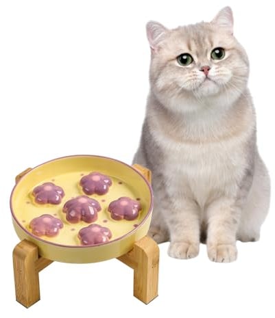 Elevated Slow Feeding Cat Bowl - Raised Bamboo Stand with Anti-Slip - Colorful Maze Cat Dish - 6 OZ - Light Purple Flower
