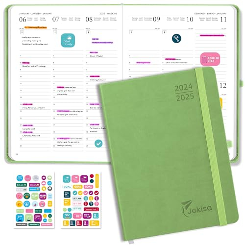 Jokisa Kalender 2025 Buchkalender, Terminplaner 2025 als Semesterplaner ca. A5 (22 x 16 cm), 17-Monate-Terminplaner mit Wochenplaner-1 Woche 2 Seite (Aug.2024-Dez.2025) (Grün, 22 x 16 cm)