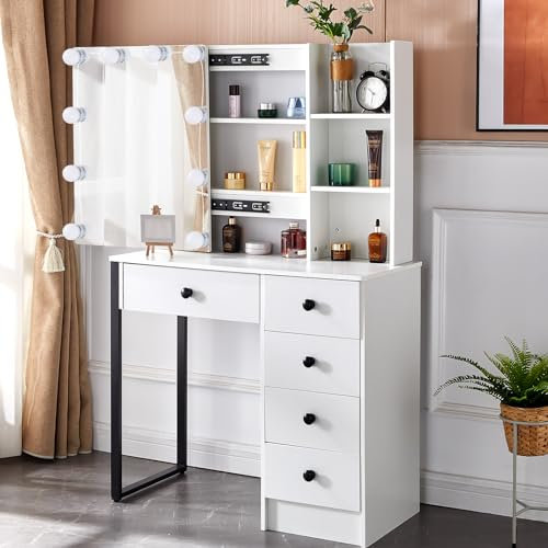 Caulitar Dressing Table with Mirror, Vanity Table with LED Lights, Adjustable Brightness, 5 Drawers and 4 Open Shelves, Modern, White, 80x36x131cm
