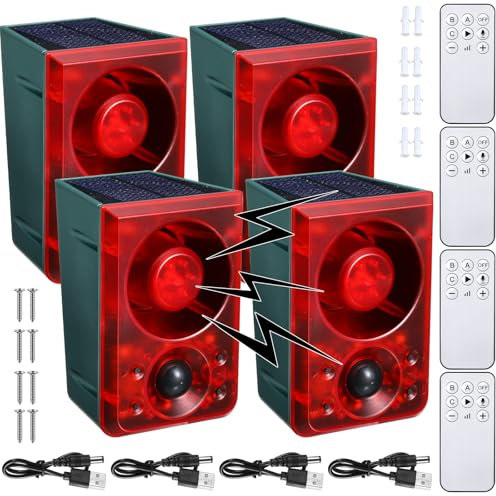 4 Stück Solar-Bewegungsmelder für den Außenbereich, Bewegungsmelder, Tierabschreckung, Schuss-Geräusch, Hunde-Bell-Alarm, 130 dB, lauter Geräuschmacher, 3 Modi mit USB-Fernbedienung, unterstützt
