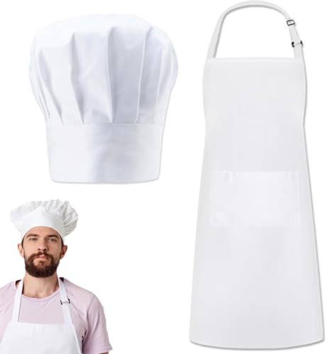 QWEPU Kochmütze Schürze Set,Kochen Kochmütze, Verstellbare Latzschürze Kochschürze,Elastische Kochmütze Unisex Kochmütze aus für Küche Zuhause Restaurant und Hotel, Weiß
