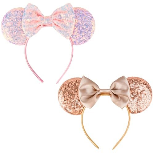Fancy Dress Ears Head Band, 2PCS Mouse Ears Bow Headband Sparkly Party Decoration, Child Girls Women Princess Party Decoration Cosplay Costumes