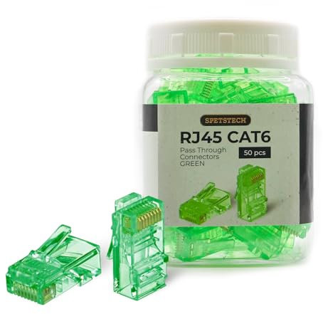 Spetstech RJ45 Connectors 50-Pack Cat 6 PASS - Through Connectors (Cat 6 Ends / Cat6 Plugs / RJ45 Modular Plugs/Ethernet Connectors) for Ethernet Cables (50, Green)