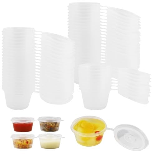MAOQYE 100 Pcs Small Plastic 1oz Pots with Lids, Reusable Hinged Sauce Pots, Clear Jelly Shot Cups Small Plastic Deli Pot for Portion Controll, Sauce, Condiments, Meal Prep (25ml)