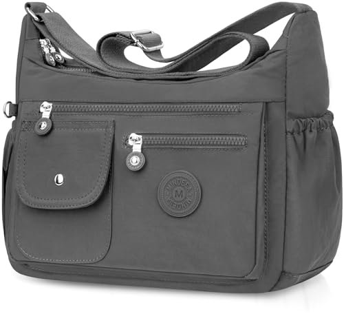 BTNEEU Umhängetasche Damen Groß Nylon Crossbody Bag Wasserdicht Gross Handtasche mit Vielen Fächern Leicht Schultertasche Mittelgroß Verstellbarer Messenger Bag für Einkaufen, Reisen, Schule (Grau)