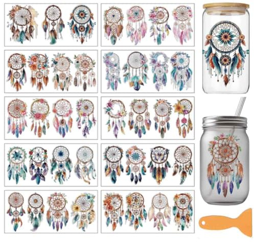 arricraft 10 Blätter Dreamcatcher Theme UV DTF Tasse Transfer Aufkleber | 24x11cm Wasserfest Rub On Sticker Möbelfolie Selbstklebend für DIY Kunsthandwerk Becher, Flaschen, 16oz Glas, Möbel