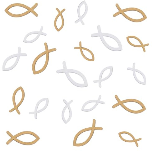 100 Stück Fisch Kommunion Deko Gold Weiß, Taufe Dekoration Tischdeko | Kommunion Holzfische Streudeko für Konfirmation Babyshowerparty Hochzeit