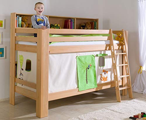 Froschkönig24 Etagenbett JAN Kinderbett Spielbett Bett mit Bücherregal Buche Dschungel Beige/Grün