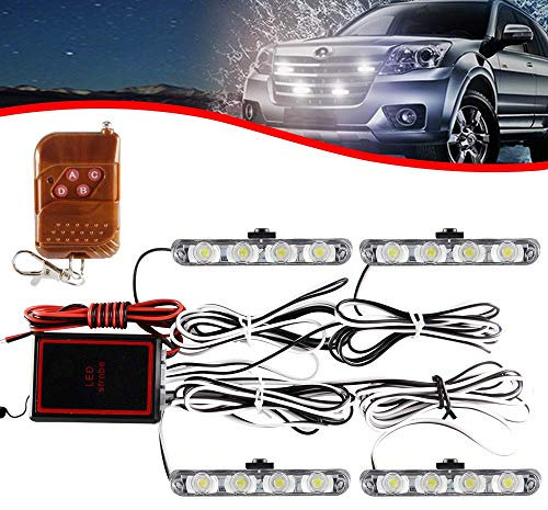 KaiDengZhe 4x4 LED 4 en 1 Stroboscopique Avertissement DC12V Urgence Clignotant Balise Lampe Sans Fil À Distance Stroboscope Lumière Urgence Lumière Externe Pour Camion Remorque Caravane (Blanc)