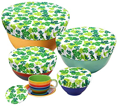PHOGARY 5pz di copertura per alimenti riutilizzabili, in tessuto, con elastico, coperchio estensibile, tessuto impermeabile, coperture allungate per ciotola di insalata di vetro, pentola, foglia verde