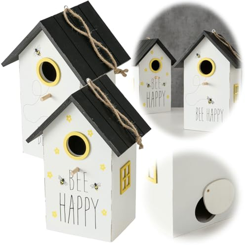 LS-LebenStil Vintage Holz Vogelhaus Bee Happy 22cm Nistkasten Vogelhäuschen Meisenkasten