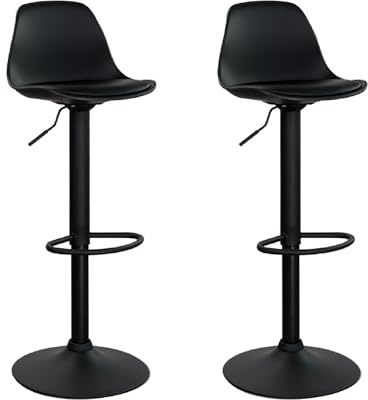 Vaukura Juego de 2 Taburetes de Bar Regulables en Altura con pistón de Gas | Taburete de Cocina con Asiento Acolchado de Polipropileno Negro | Base metálica lacada Negro Mate con reposapiés