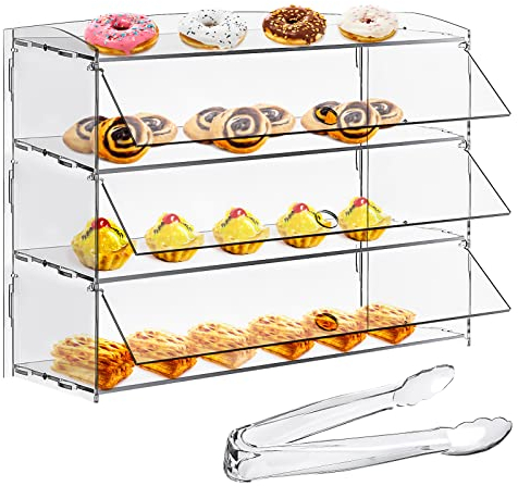3 Tabletts Gebäck Vitrine Acryl Bäckerei Vitrine Klar Abnehmbare Donut Display Regal Cupcake Display Case Einzelhandel Display Theke mit Kuchen Servierzange (Ziehen Sie die Fuzzy Schutzfolie ab)
