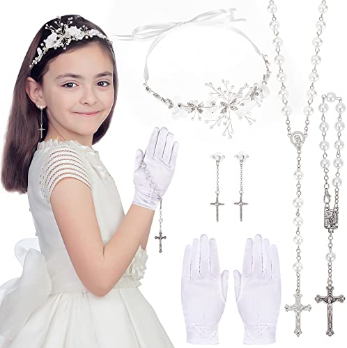 HOWAF Haarschmuck Kommunion Mädchen, Erstkommunion Haarschmuck Haarkranz Kommunion Handschuhe Rosenkranz Kommunion Armband Kommunion Kreuz Ohrringe für Konfirmation Kommunion Geschenke für Mädchen
