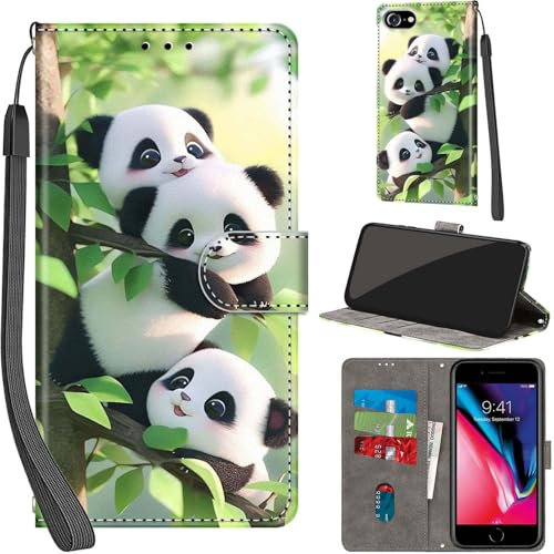 For iPhone SE 2020/2022 Leather Wallet Case,Flip Protective Book Cover with Card Holder,Stand Wrist Strap Magnetic Flip Cover Compatible with for iPhone 7/8 Case -Panda