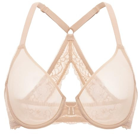 Delimira Women's Front Fastening Bras Sheer Mesh Racerback Plus Size Full Coverage Unlined Underwired Bra Beige 34DD