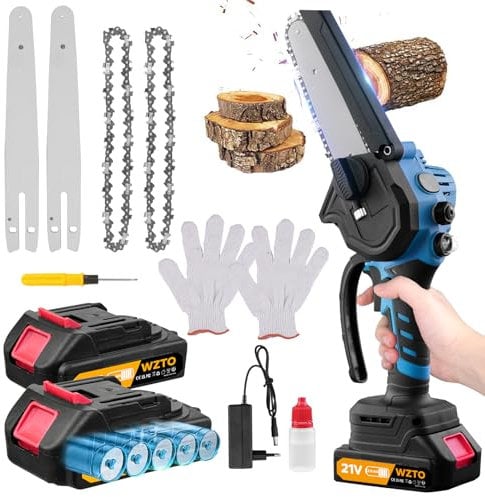 Mini Chainsaw Cordless 8 Inch, Power Brushless Motor with 2 Capacity Battery & 2 Chains, Handheld Electric Mini Chainsaw, with Safety Lock for Garden Tree Pruning, Seniors Friendly