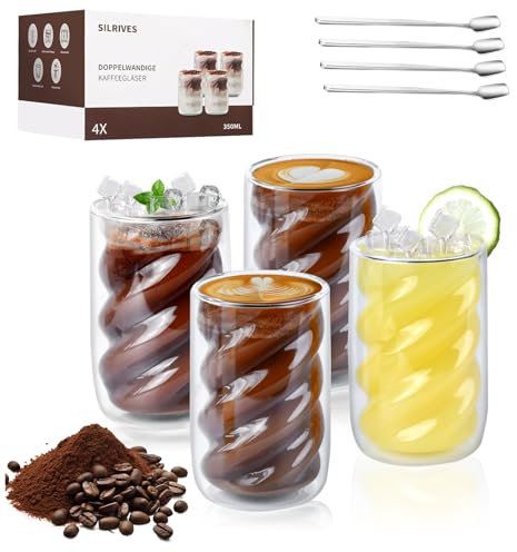 Latte Macchiato Gläser 350ml 4er Set mit Löffeln, Perfekt-Cold-Zustand Thermoglas Doppelwandige Kaffeegläser, Temperaturkonstanz Eiskaffee Gläser, Trinkgläser Set, Wassergläser, Geschenke, Festival