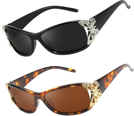 Myiaur 2Pack Damen Sonnenbrille Polarisierte UV400 Schutz mit Wraparound Rahmen & Schmetterlings Dekor für Autofahren und Freizeit