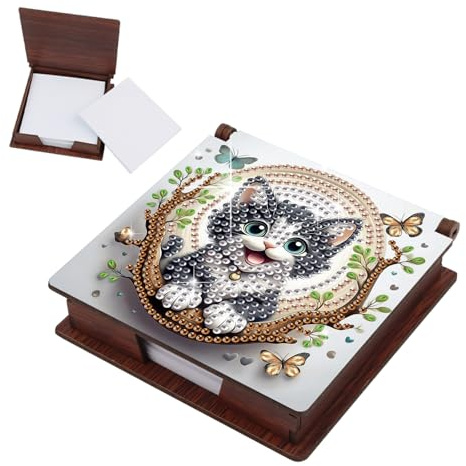 JICFDAO Diamond Painting Zettelbox 11x11cm Diamant Malerei Notizzettel Box Nachfüllpack Halter Bambus Notizblock mit 160 Blättern Haftnotizen Spender Cube Notiz Box Geschenk Katze Schmetterling