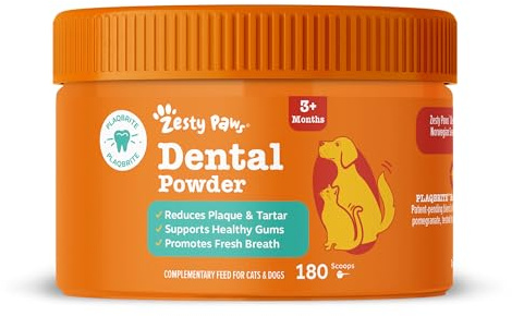 Zesty Paws Dental Powder, Dogs & Cats Teeth, Seaweed, Daily Use, 180 Scoop | Targets Plaque & Tartar, Supports Healthy Gums & Fresh Breath | Norwegian Seaweed, Green Tea, Echinacea & Pomegranate