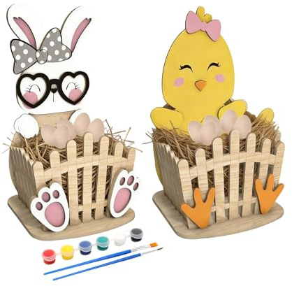 Scinzene 2 Stück Osternest aus Holz zum Befüllen mit DIY Eiermalset, Osternester zum Befüllen für Kinder, Osterkorb Personalisiert Look, Ostern Basteln Kinder Set für Familie und Osterdeko