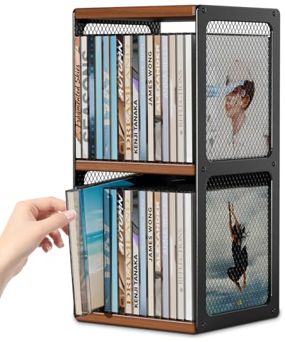 Optyuwah Supporto in legno per CD e DVD, contenitore per CD e DVD, organizzatore in legno e griglia metallica