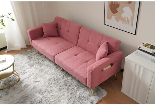 Schlafsofa 2 Sitzer Lammfelloptik Goldene Beine Couch mit Schlaffunktion Boucle Seitentaschen Verstellbar Gästebett Weich Kleine Räume Sofa Bed Loveseat