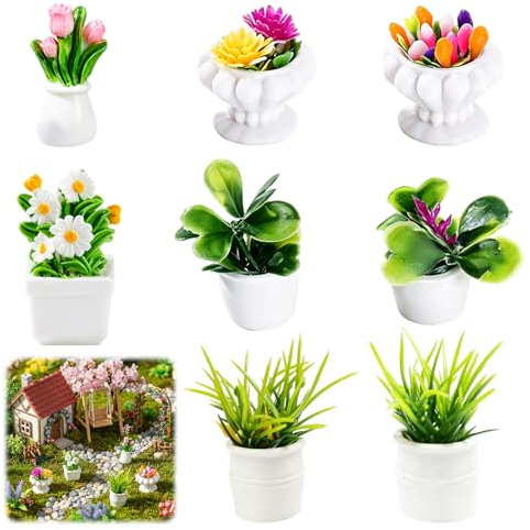8 Stück Mini Pflanzen Set für Puppenhaus, Topfpflanzen Miniatur Pflanzen Künstliche Miniatur Bonsai für Mini Garten Puppenhaus, Fotografie Miniatur Zubehör Dekorationen DIY Modellbau Puppenstube