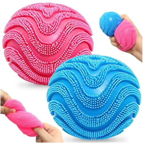 2 Pezzi Fuzzy Ball squishy , Pallina antistress con particelle in rilievo a forma di onde, Giocattolo Antistress per Adulti Bambini, fidget toy per ASD ADHD Ufficio Regali (Rosa e Blu)