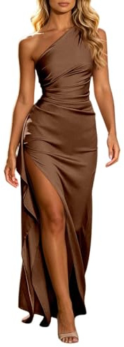 Robe De Soiree Femme,Robe De Cocktail Chic et élégant, Asymétrique éPaule Dénudée, sans Manches, Taille Haute, Fente sur Le Devant, Couleur Unie, Longue, Robe De Soirée pour Invités De Mariage